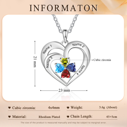Personalised Jewelry Custom Heart-shaped Necklace With 4 Names and 4 Birthstones for Nan | Jessmade