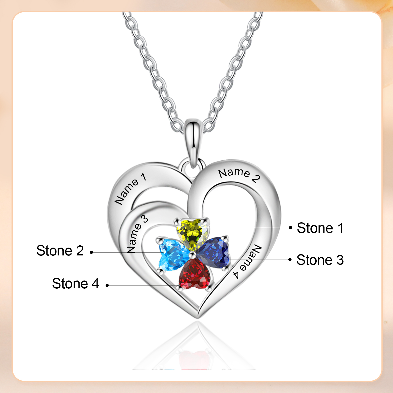 Personalised Jewelry Custom Heart-shaped Necklace With 4 Names and 4 Birthstones for Nan | Jessmade