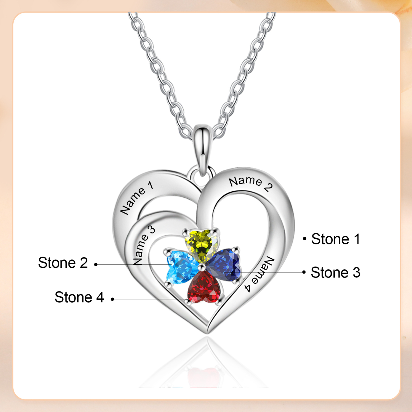 Personalised Jewelry Custom Heart-shaped Necklace With 4 Names and 4 Birthstones for Nan | Jessmade