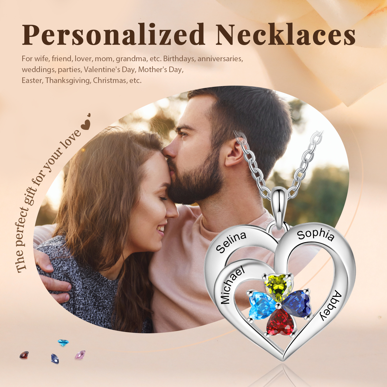 Personalised Jewelry Custom Heart-shaped Necklace With 4 Names and 4 Birthstones for Nan | Jessmade