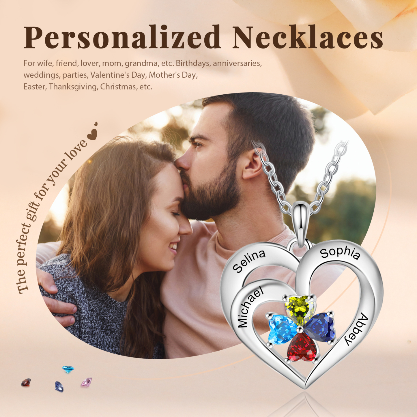 Personalised Jewelry Custom Heart-shaped Necklace With 4 Names and 4 Birthstones for Nan | Jessmade