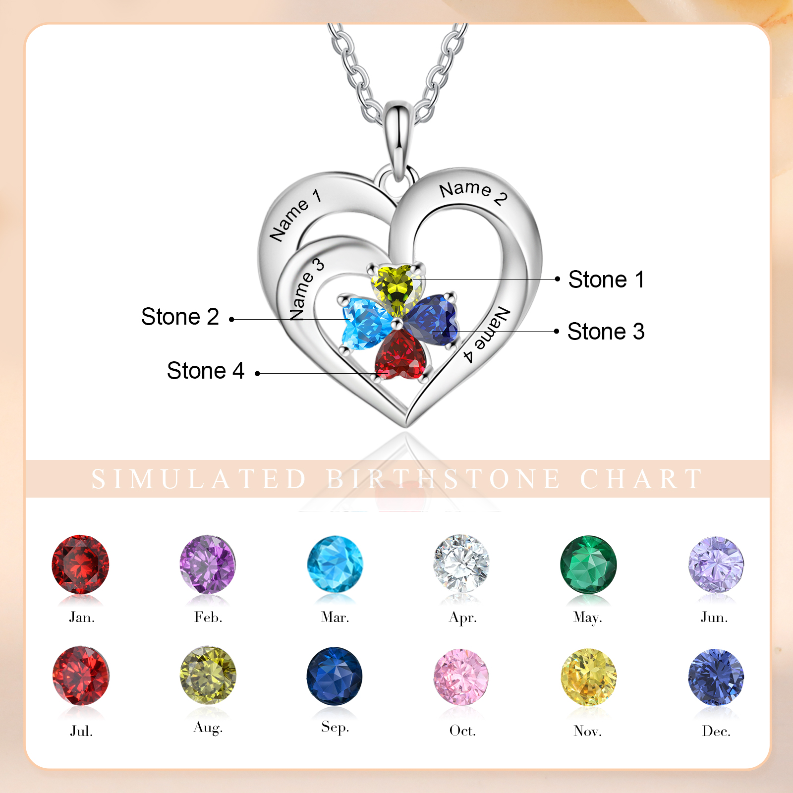 Personalised Jewelry Custom Heart-shaped Necklace With 4 Names and 4 Birthstones for Nan | Jessmade