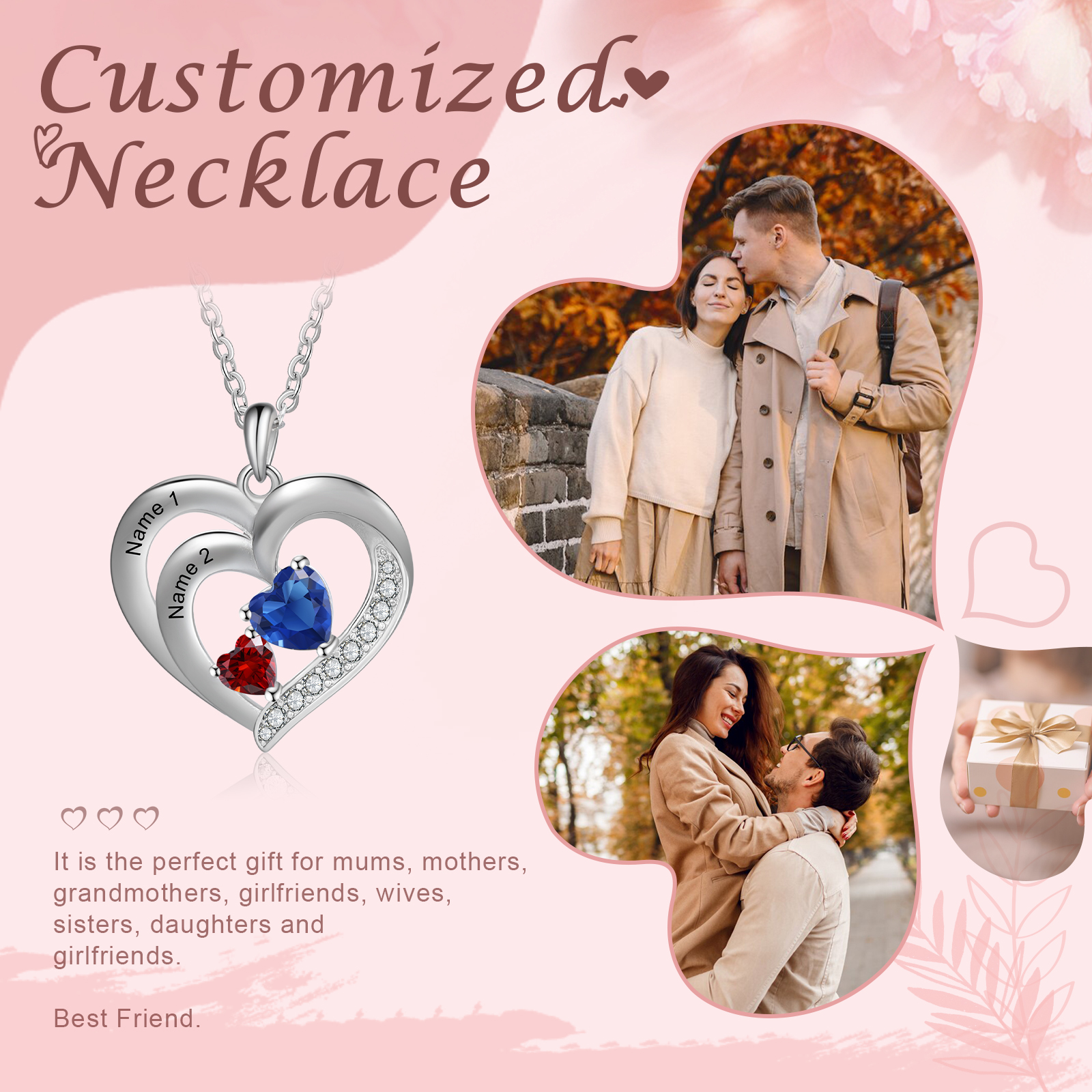 Personalised Heart Birthstone Necklac Custom 2 Names and 2 Birthstones Women's Necklace Gift for Nan | Jessmade