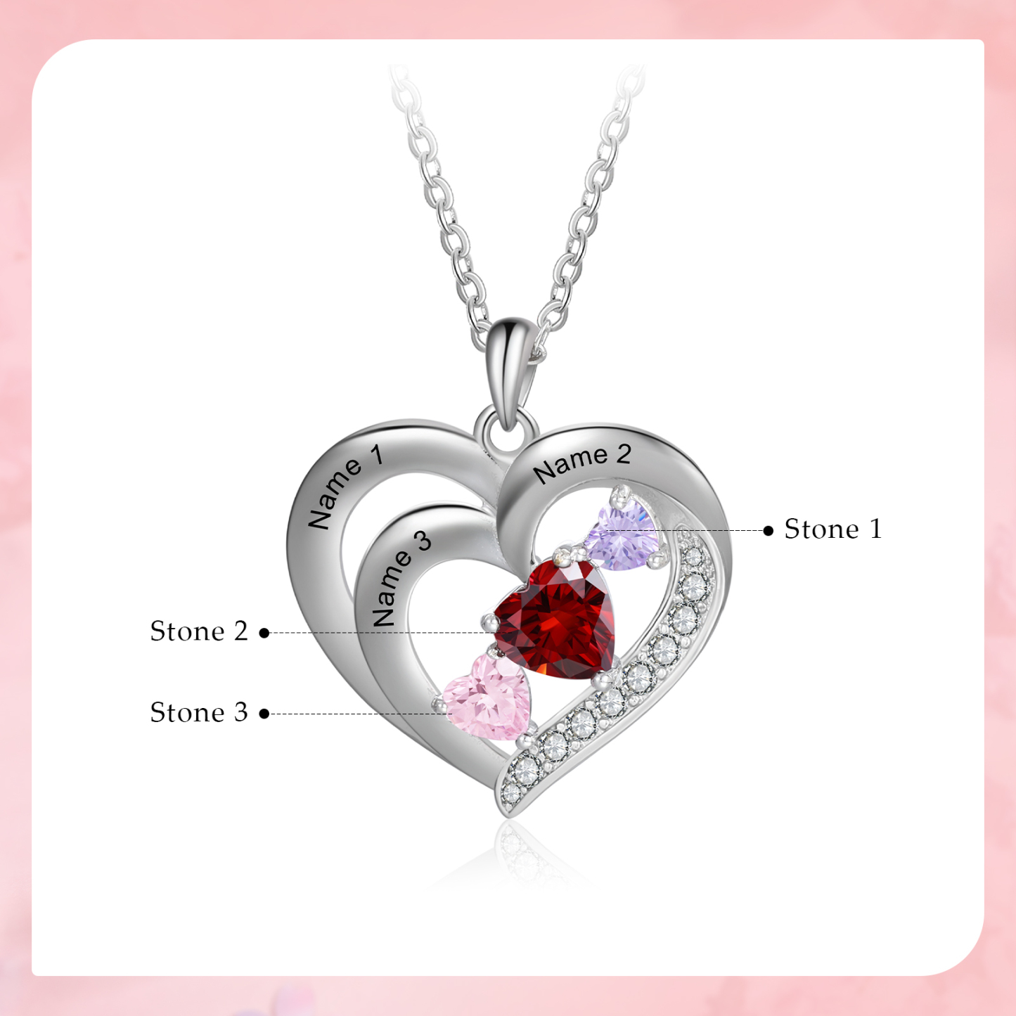 Personalised Heart Birthstone Necklac Custom 3 Names and 3 Birthstones Women's Necklace Gift for Nan | Jessmade