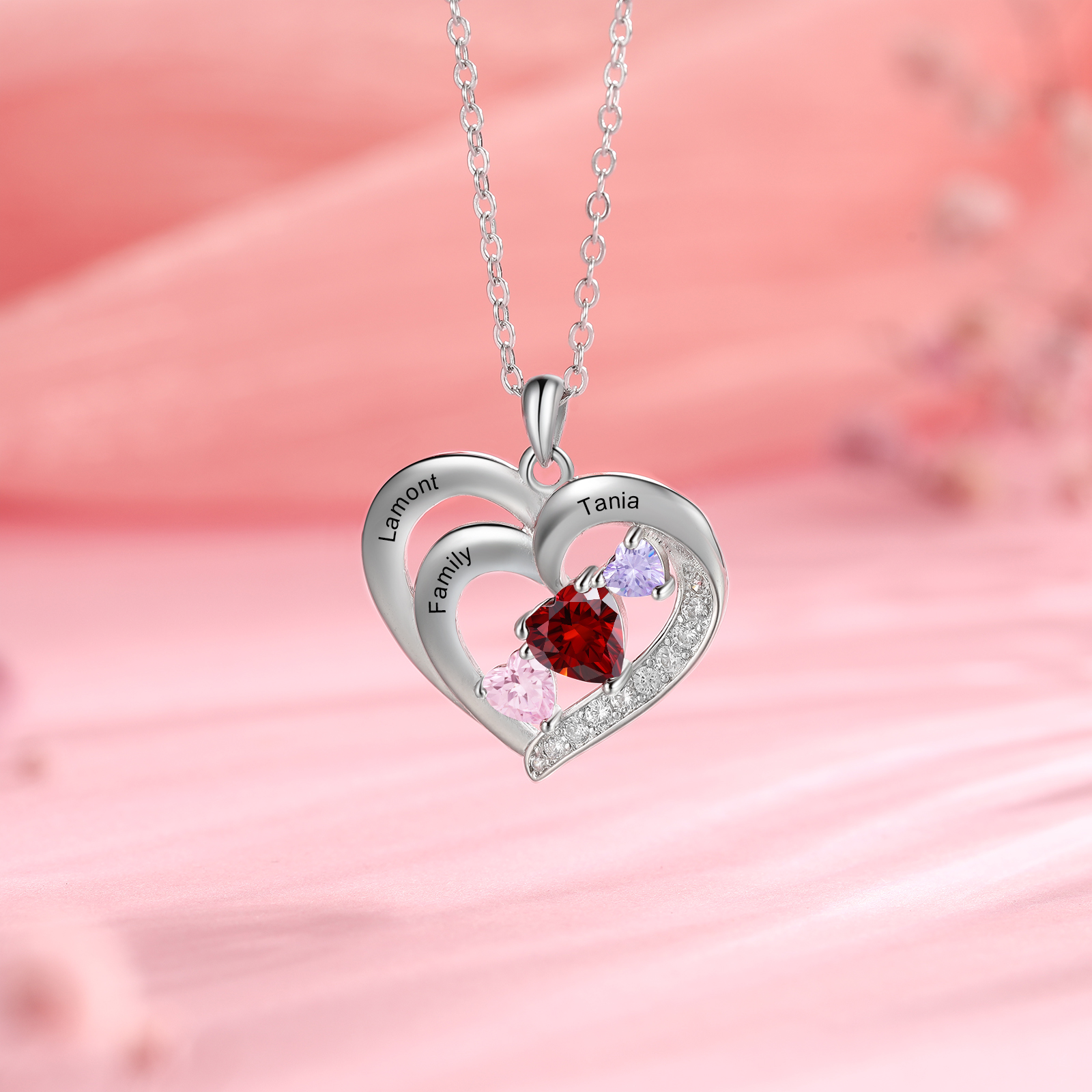 Personalised Heart Birthstone Necklac Custom 3 Names and 3 Birthstones Women's Necklace Gift for Nan | Jessmade