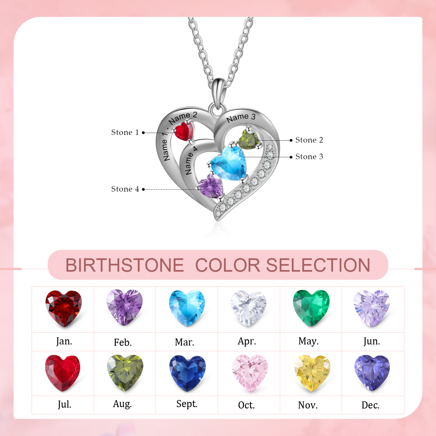Personalised Heart Birthstone Necklac Custom 4 Names and 4 Birthstones Women's Necklace Gift for Nan | Jessmade