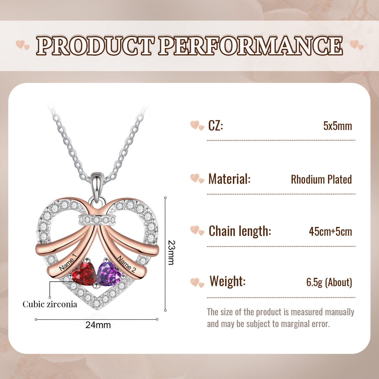 Personalised Custom 2 Names Heart Necklace with 2 Birthstones Women's Necklace Gift for Her | Jessmade