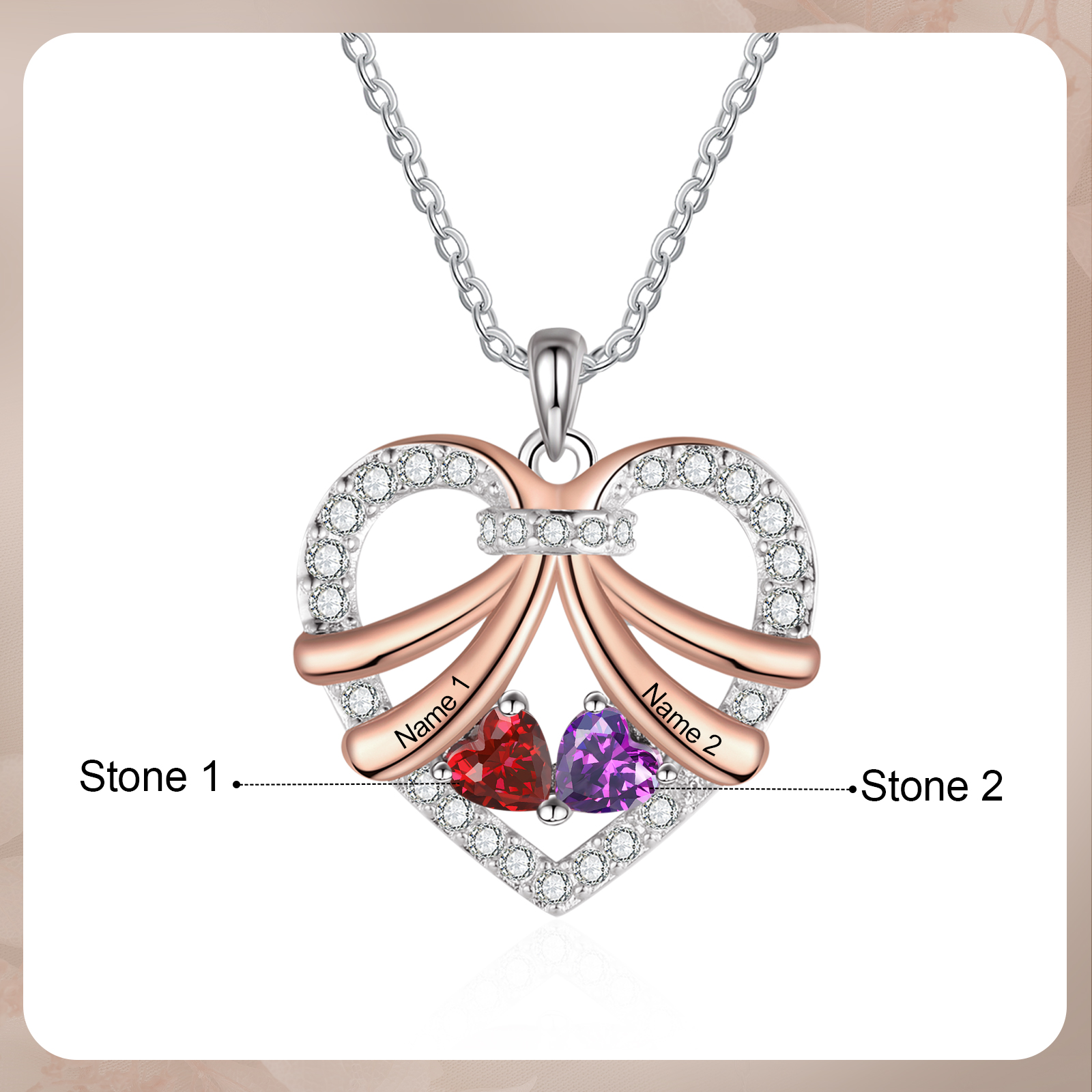 Personalised Custom 2 Names Heart Necklace with 2 Birthstones Women's Necklace Gift for Her | Jessmade