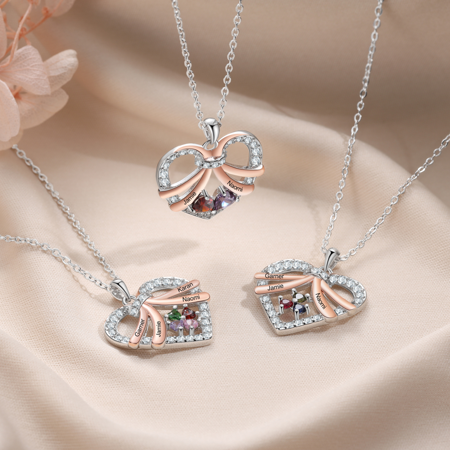 Personalised Custom 2 Names Heart Necklace with 2 Birthstones Women's Necklace Gift for Her | Jessmade