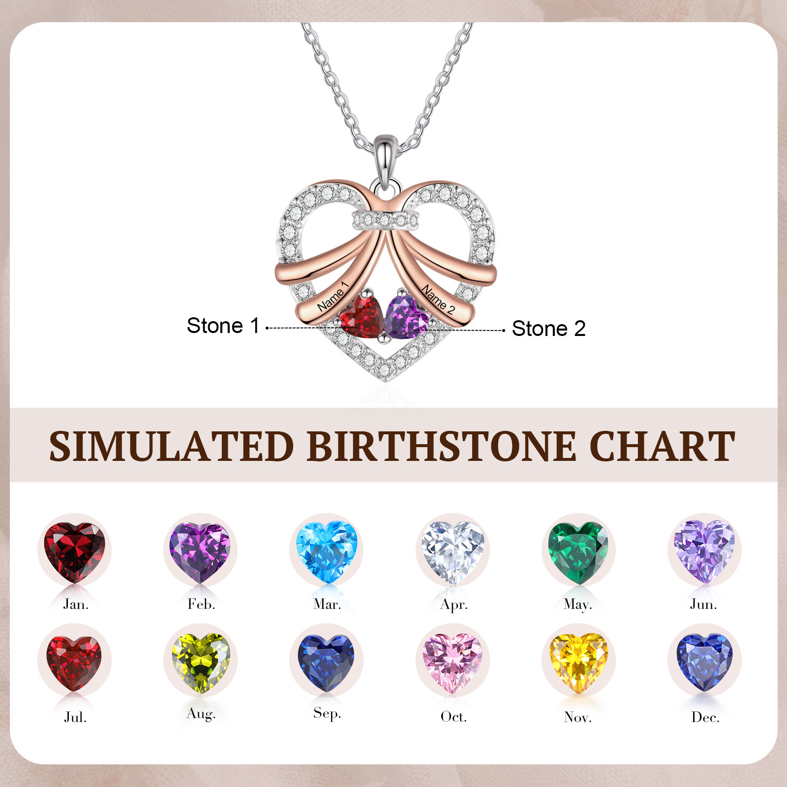 Personalised Custom 2 Names Heart Necklace with 2 Birthstones Women's Necklace Gift for Her | Jessmade