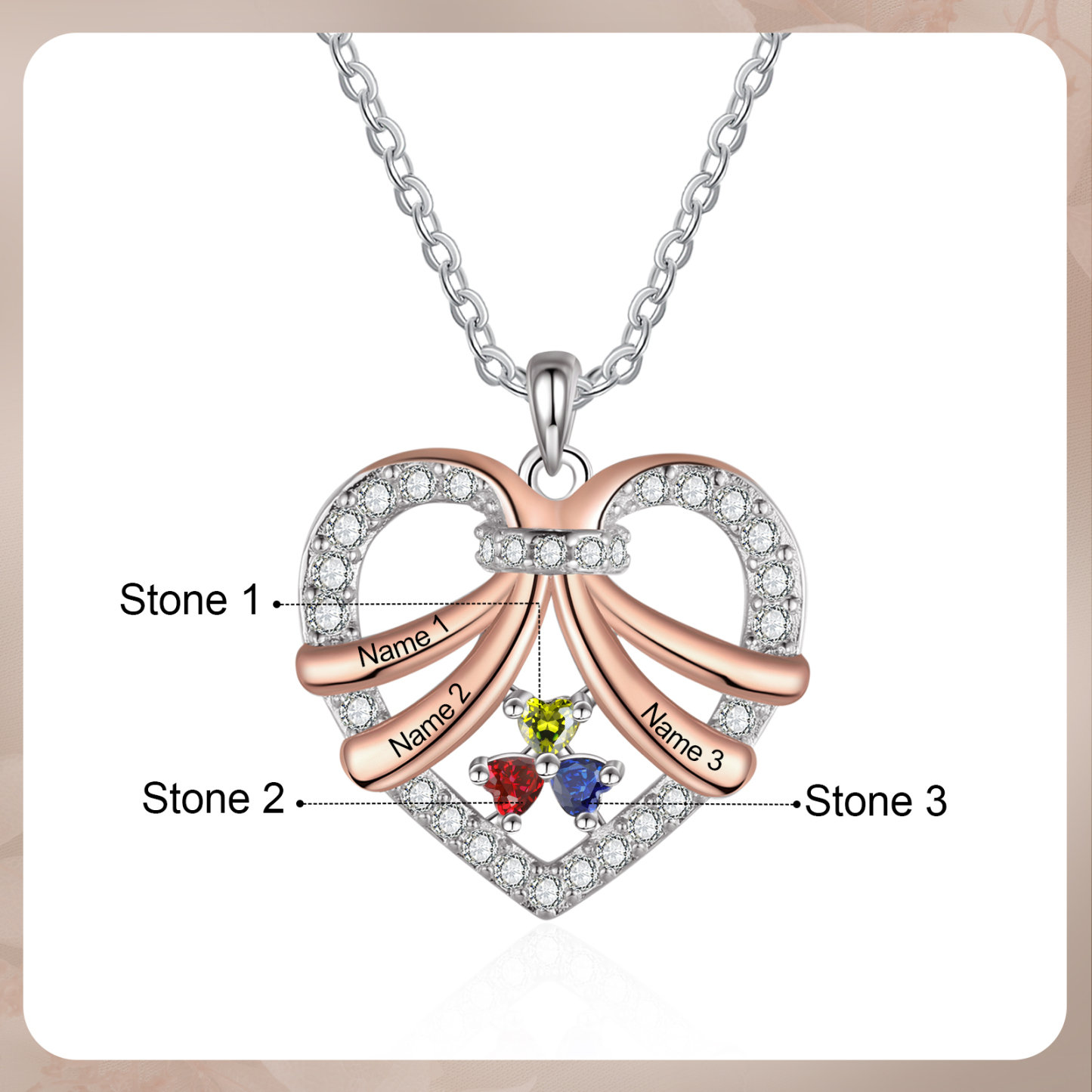 Personalised Custom 3 Names Heart Necklace with 3 Birthstones Women's Necklace Gift for Her | Jessmade