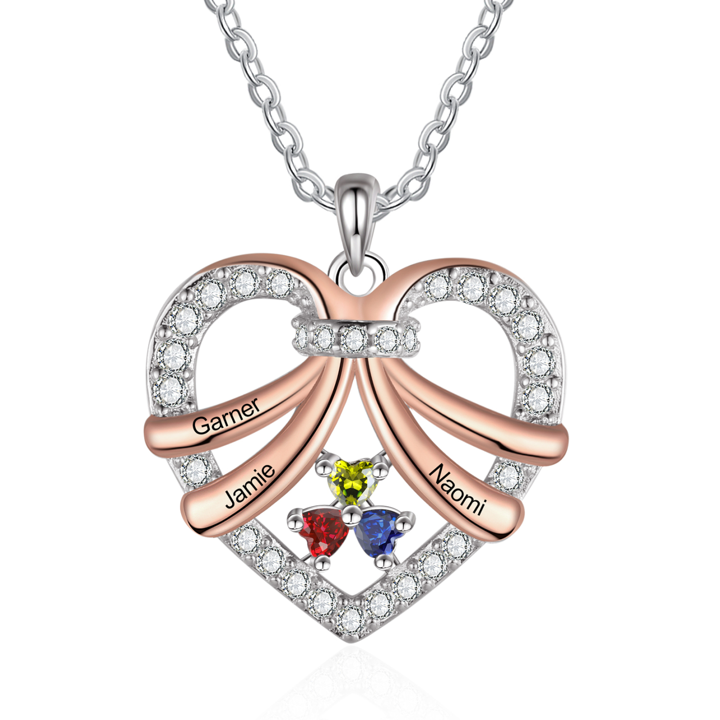 Personalised Custom 3 Names Heart Necklace with 3 Birthstones Women's Necklace Gift for Her | Jessmade
