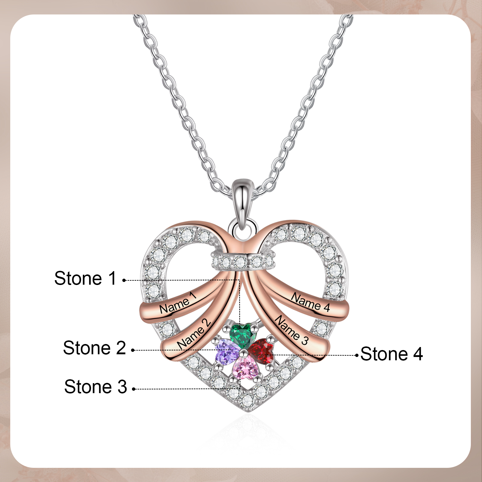 Personalised Custom 4 Names Heart Necklace with 4 Birthstones Women's Necklace Gift for Her | Jessmade