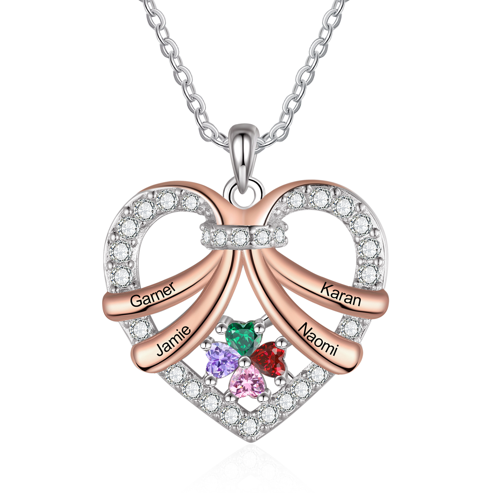 Personalised Custom 4 Names Heart Necklace with 4 Birthstones Women's Necklace Gift for Her | Jessmade
