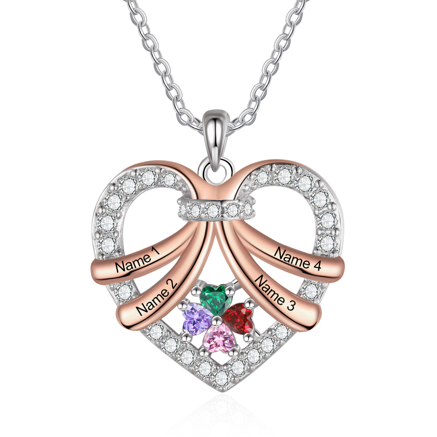 Personalised Custom 4 Names Heart Necklace with 4 Birthstones Women's Necklace Gift for Her | Jessmade