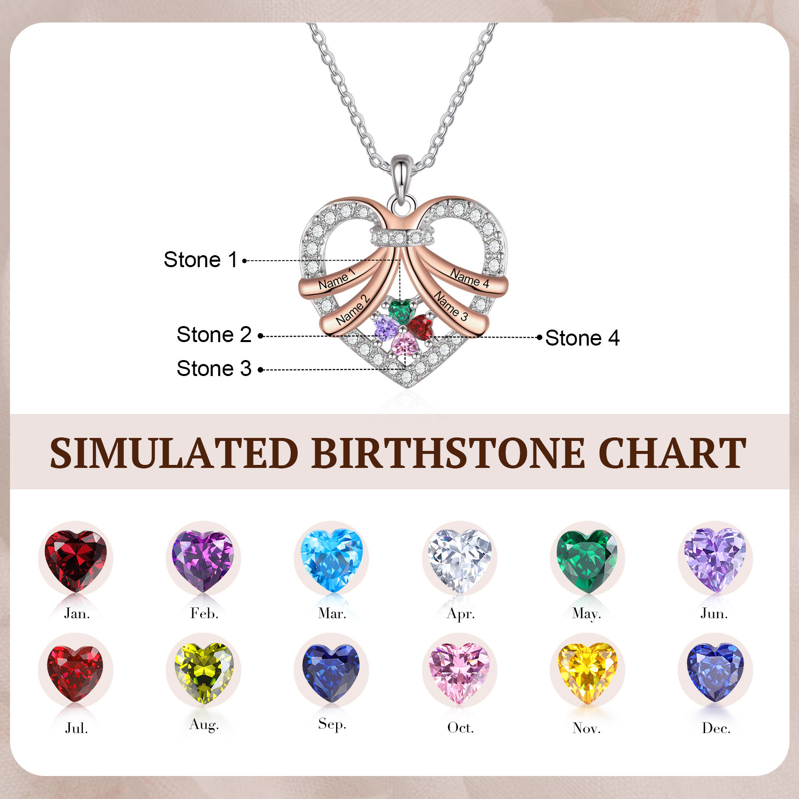 Personalised Custom 4 Names Heart Necklace with 4 Birthstones Women's Necklace Gift for Her | Jessmade