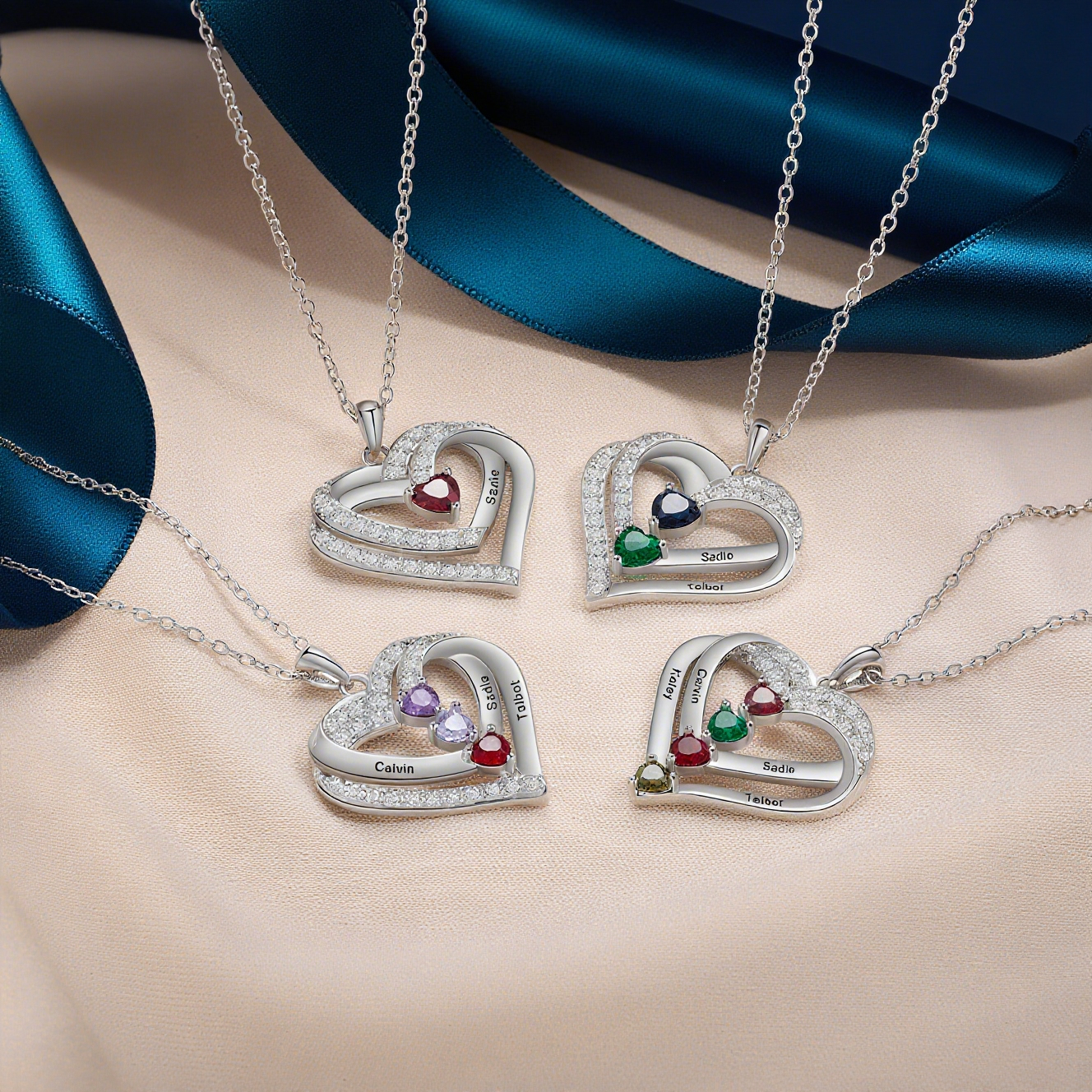 Personalized Heart Necklace Customized With 1-4 Names and Birthstones Women's Necklace Gift for Her | Jessemade