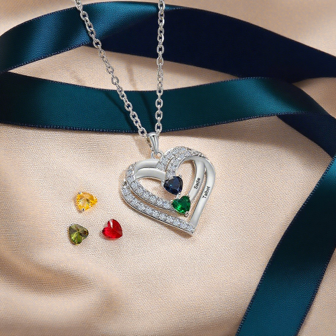 Personalized Heart Necklace Customized With 1-4 Names and Birthstones Women's Necklace Gift for Her | Jessemade