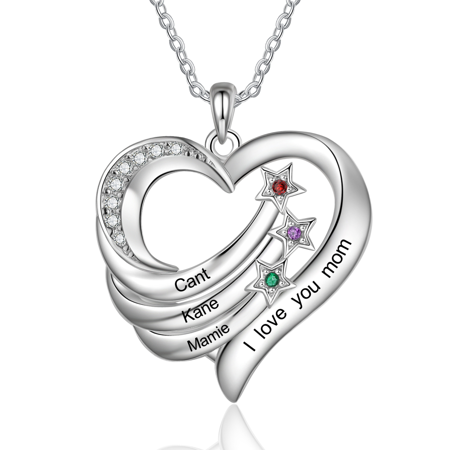 Personalized Heart Mirror Necklace Customized With 1-4 Names and Birthstones Women's Necklace Gift for Mum | Jessemade