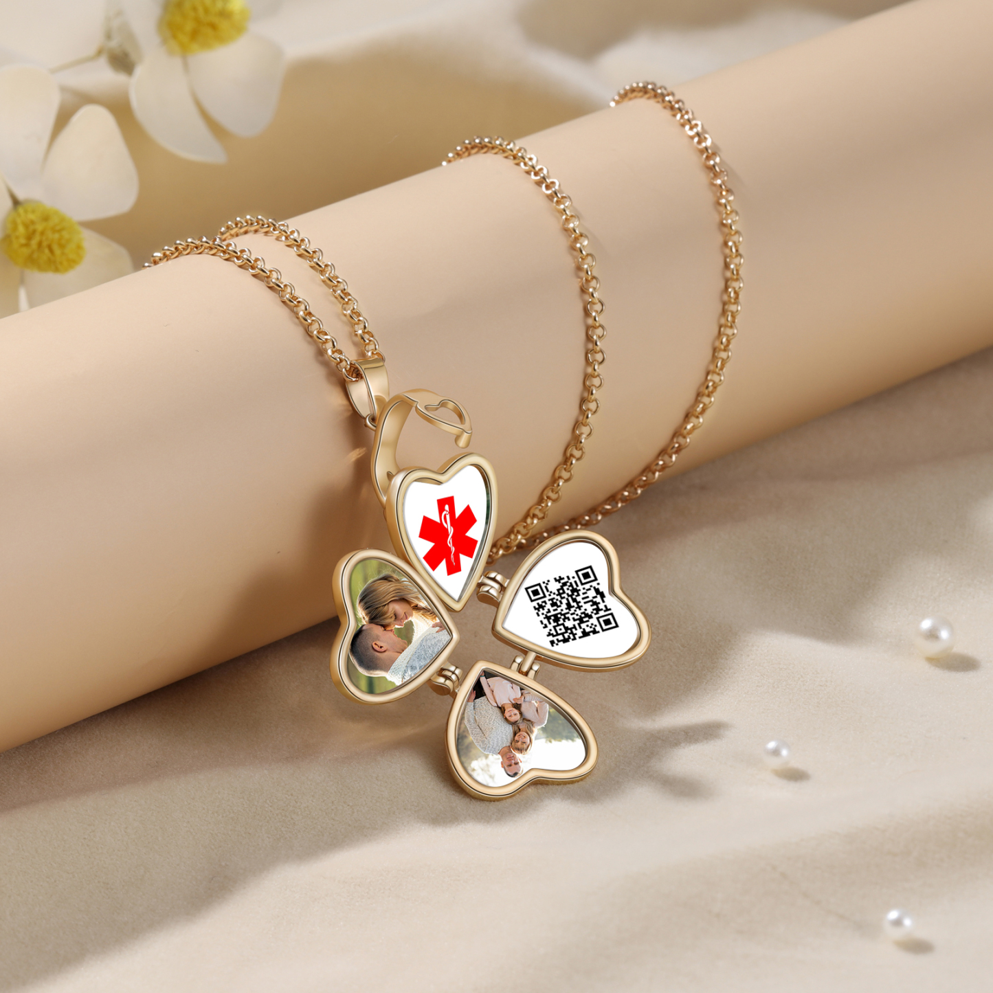 Personalised Medical ID Locket Necklace with QR Code - Custom 2 Photo Heart Pendant for Family | Jessmade