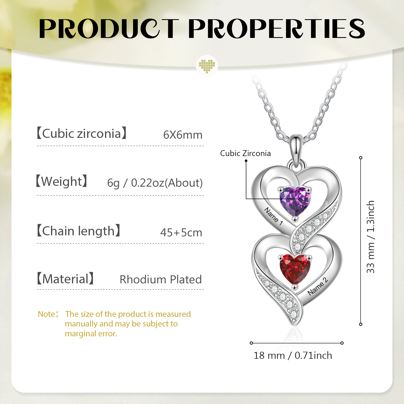 Personalised Heart Necklace - Custom 2 Names & 2 Birthstones Women's Pendant, Christmas Gift for Mum/Wife | Jessemade