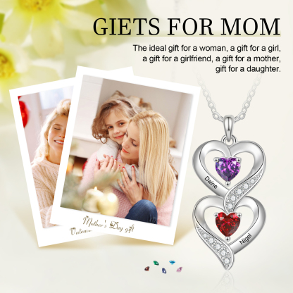 Personalised Heart Necklace - Custom 2 Names & 2 Birthstones Women's Pendant, Christmas Gift for Mum/Wife | Jessemade