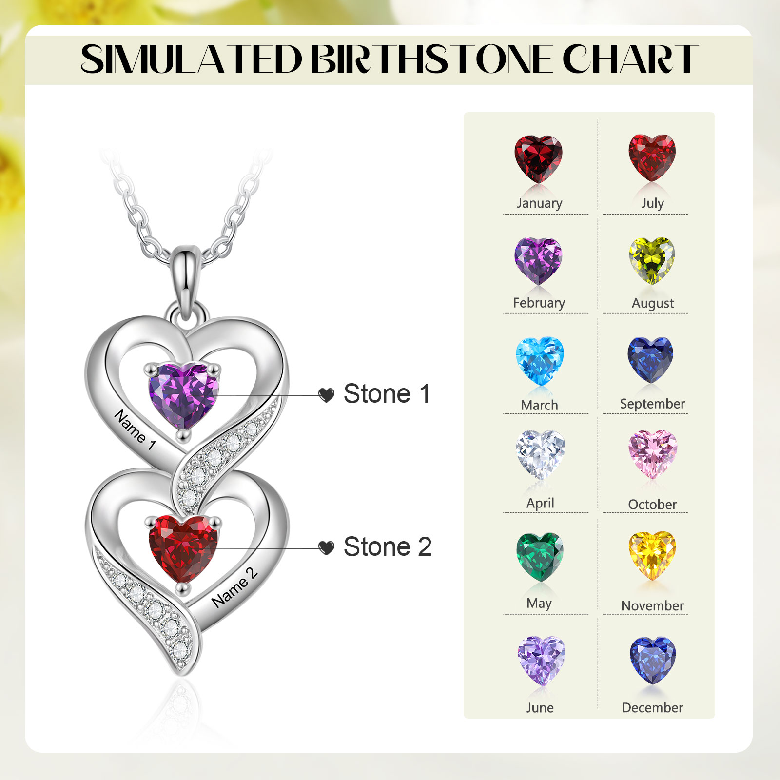 Personalised Heart Necklace - Custom 2 Names & 2 Birthstones Women's Pendant, Christmas Gift for Mum/Wife | Jessemade