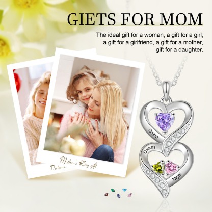 Personalised Heart Necklace - Custom 3 Names & 3 Birthstones Women's Pendant, Christmas Gift for Mum/Wife | Jessemade