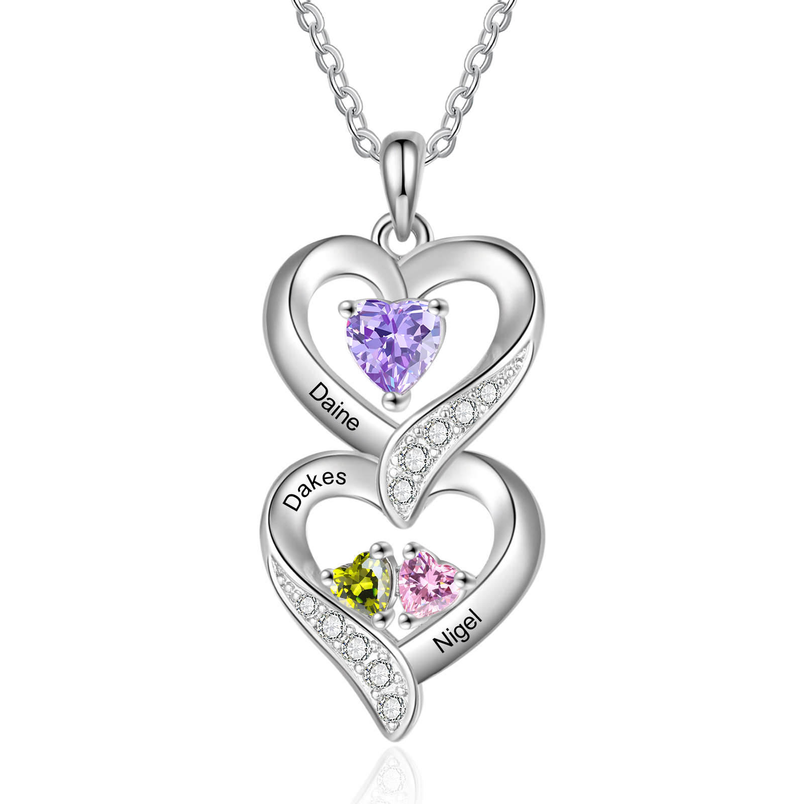 Personalised Heart Necklace - Custom 3 Names & 3 Birthstones Women's Pendant, Christmas Gift for Mum/Wife | Jessemade