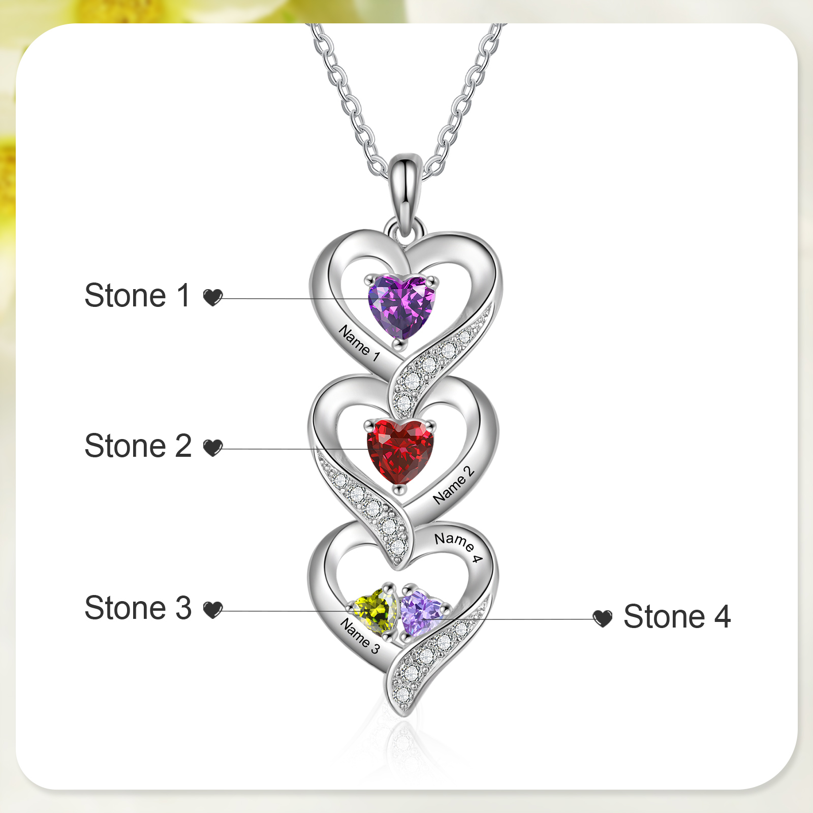 Personalised Heart Necklace - Custom 4 Names & 4 Birthstones Women's Pendant, Christmas Gift for Mum/Wife | Jessemade