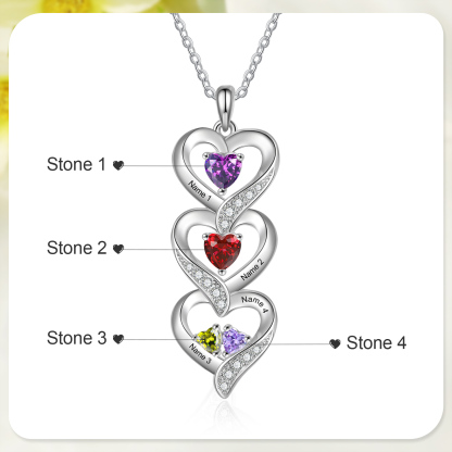 Personalised Heart Necklace - Custom 4 Names & 4 Birthstones Women's Pendant, Christmas Gift for Mum/Wife | Jessemade