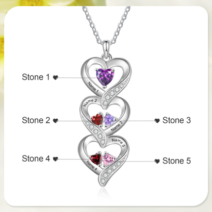 Personalised Heart Necklace - Custom 5 Names & 5 Birthstones Women's Pendant, Christmas Gift for Mum/Wife | Jessemade