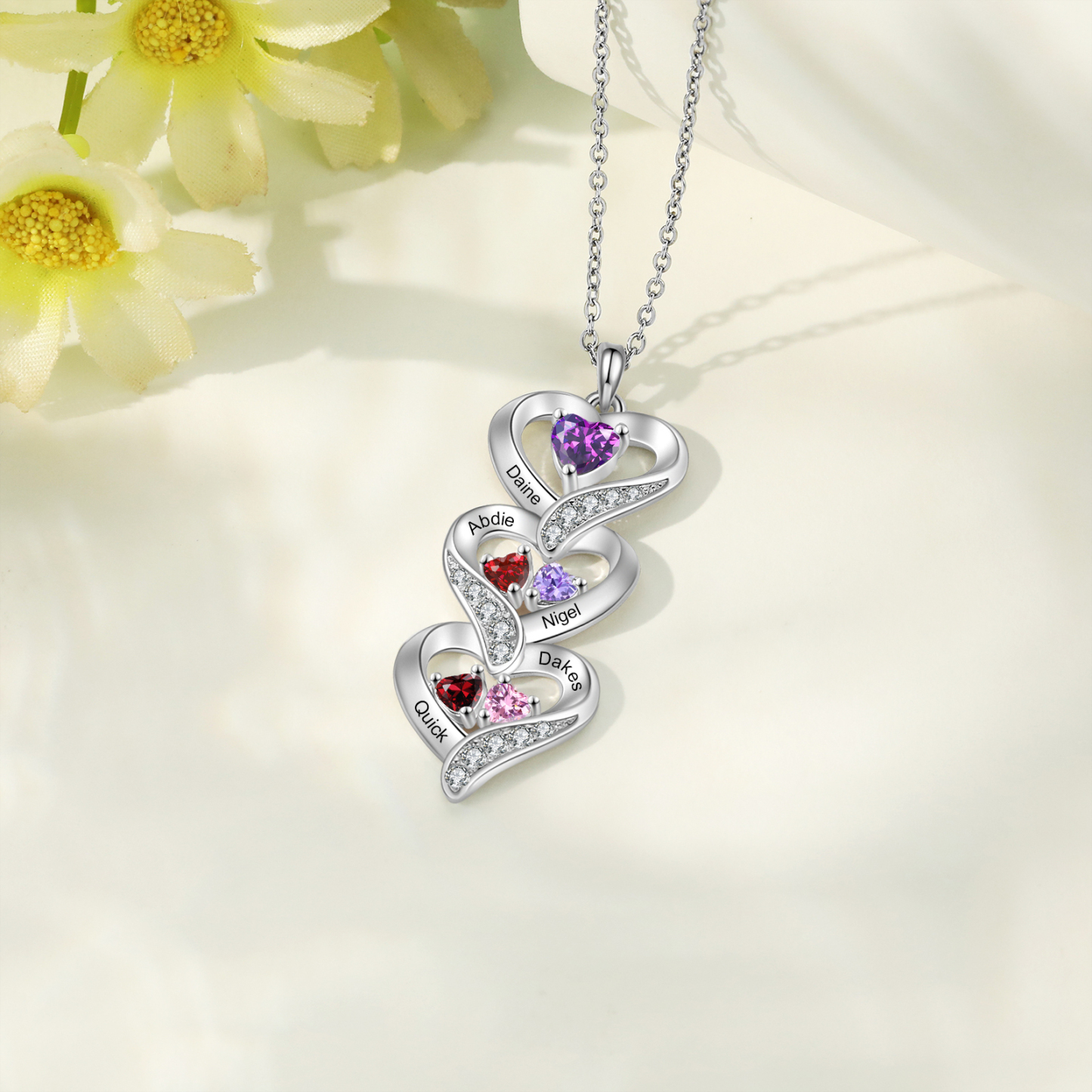Personalised Heart Necklace - Custom 5 Names & 5 Birthstones Women's Pendant, Christmas Gift for Mum/Wife | Jessemade