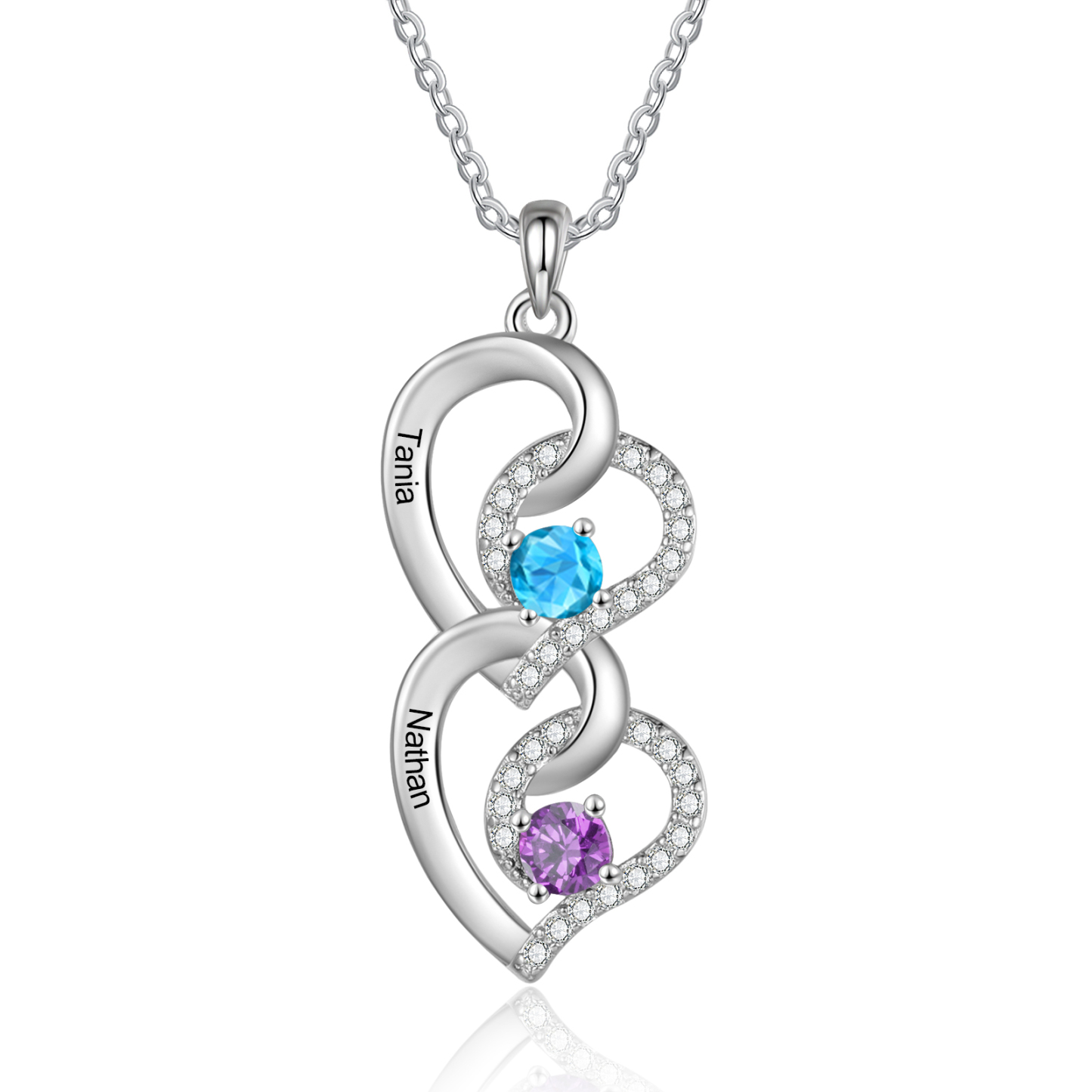 Personalised Heart-Shaped Birthstone Necklace - Custom 2 Names & 2 Bir