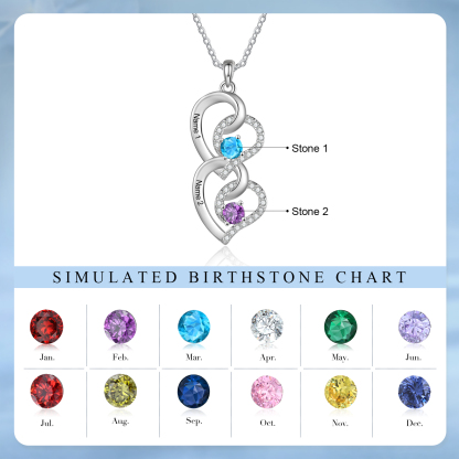 Personalised Heart-Shaped Birthstone Necklace - Custom 2 Names & 2 Birthstones Necklace Gift for Her | Jessemade