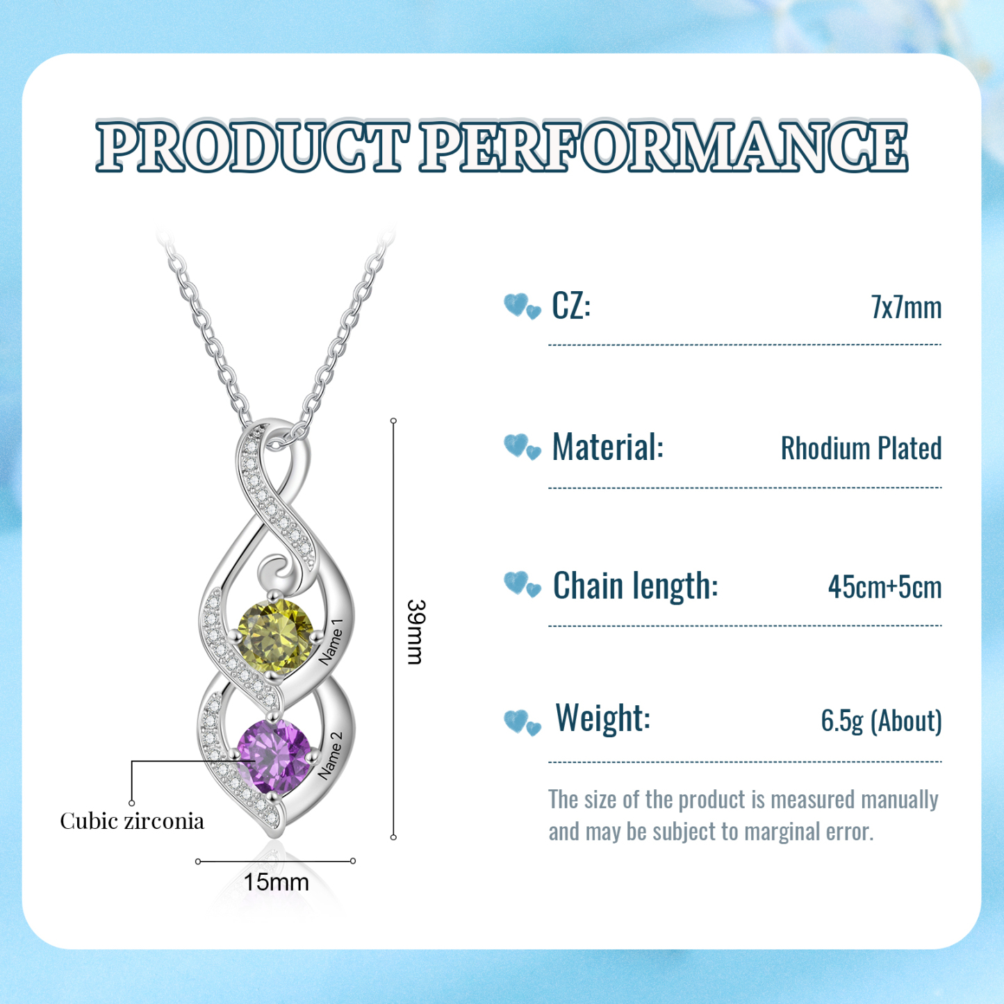 Personalised Necklace with 2 Names & 2 Birthstones Pendant - Christmas Gift for Mum/Wife | Jessemade