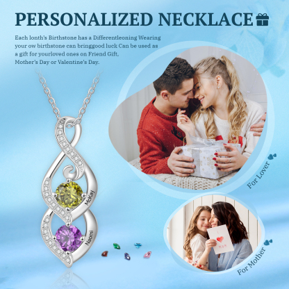 Personalised Necklace with 2 Names & 2 Birthstones Pendant - Christmas Gift for Mum/Wife | Jessemade