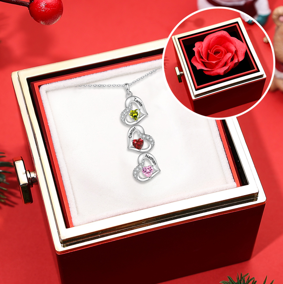 Personalized Heart-Shaped Birthstone Necklace Pendant - Custom 3 Names & 3 Birthstones with Rose Gift Box Christmas Gift for Mom/Grandma | Jessemade
