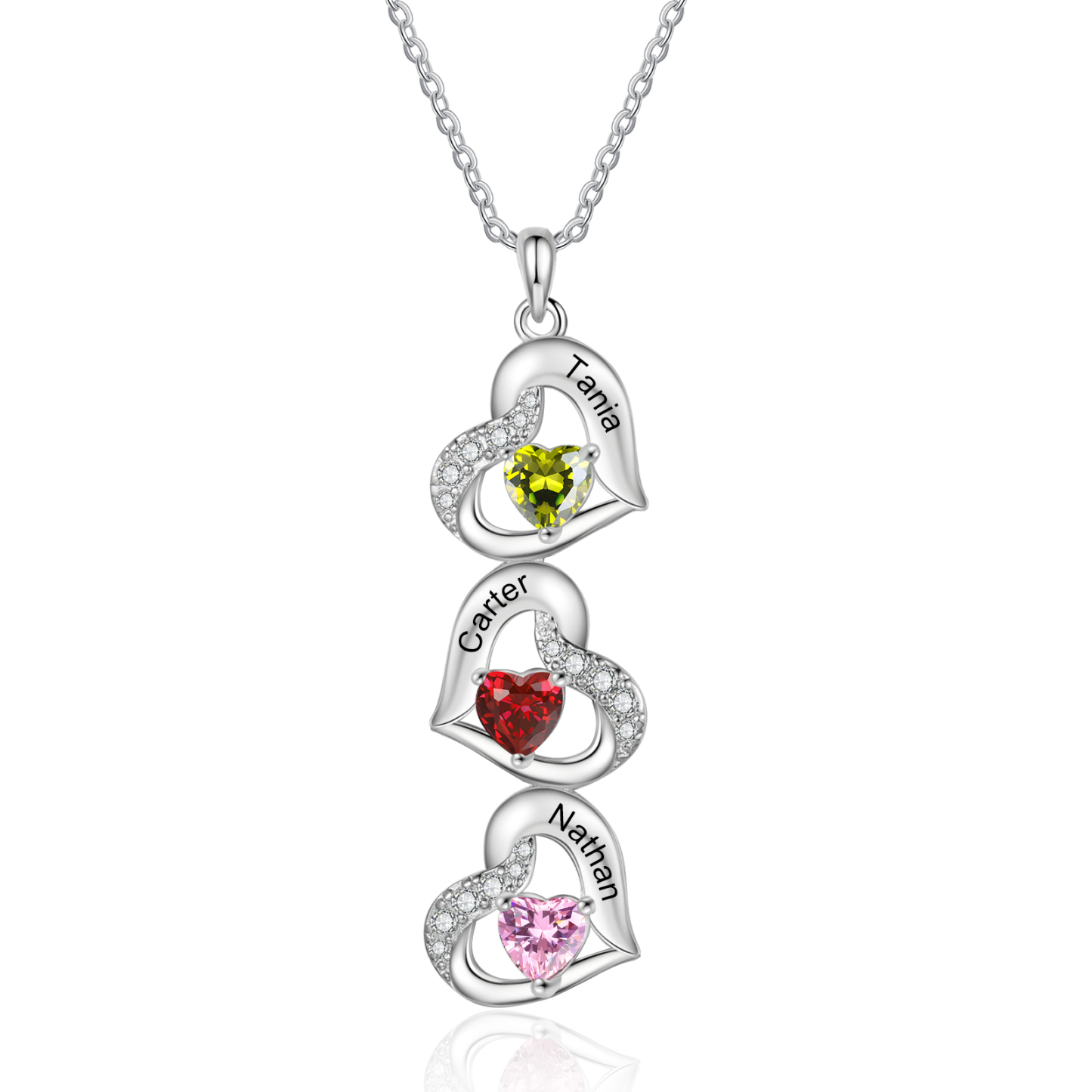 Personalised Heart-Shaped Birthstone Necklace - Custom 3 Names & 3 Birthstones Christmas Gift for Her | Jessemade