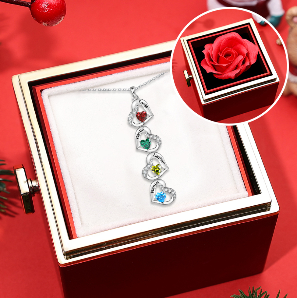 Personalized Heart-Shaped Birthstone Necklace Pendant - Custom 3 Names & 3 Birthstones with Rose Gift Box Christmas Gift for Mom/Grandma | Jessemade