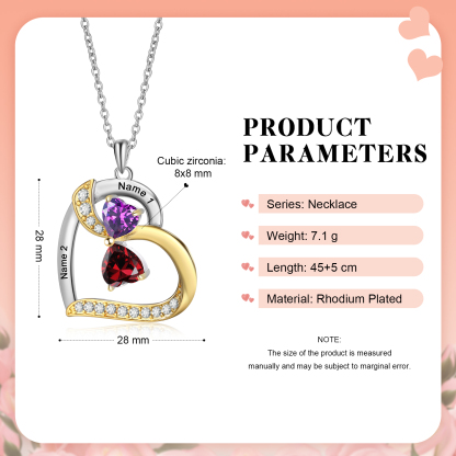 Personalised Heart Necklace with 2 Birthstones & 2 Names Heart Pendant Christmas Gift for Her | Jessemade