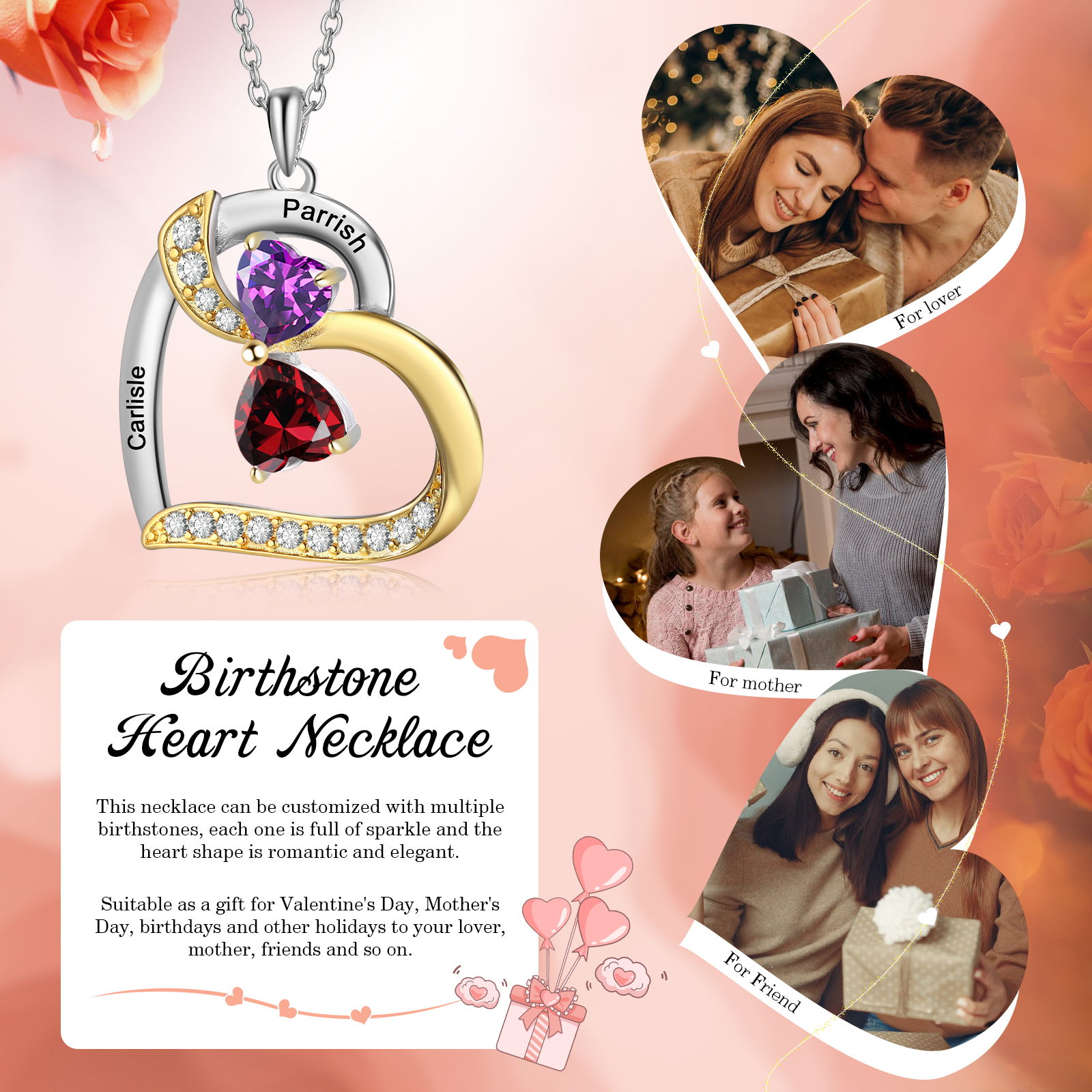 Personalised Heart Necklace with 2 Birthstones & 2 Names Heart Pendant Christmas Gift for Her | Jessemade