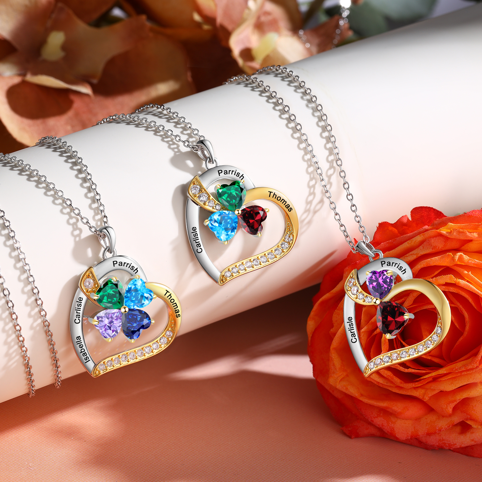 Personalised Heart Necklace with 4 Birthstones & 4 Names Heart Pendant Christmas Gift for Her | Jessemade