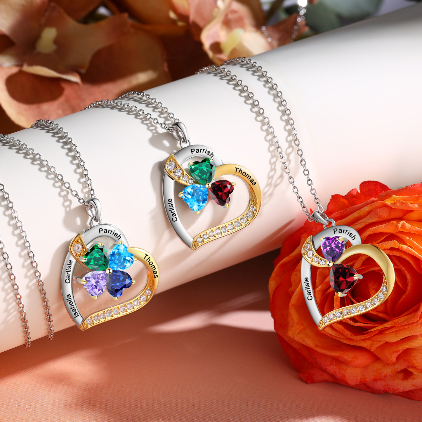 Personalised Heart Necklace with 4 Birthstones & 4 Names Heart Pendant Christmas Gift for Her | Jessemade