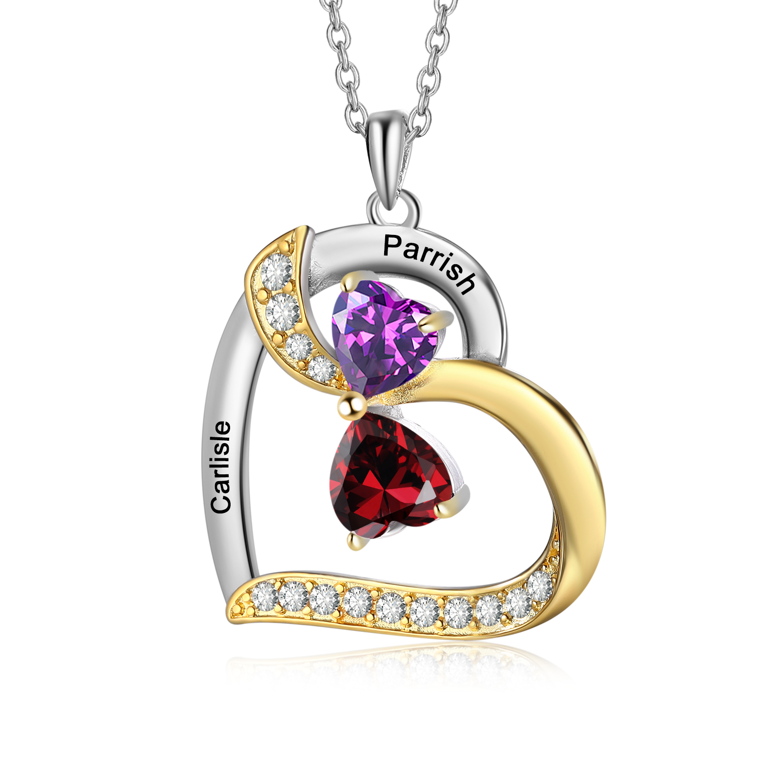 Personalised Heart Necklace with 2 Birthstones & 2 Names Heart Pendant Christmas Gift for Her | Jessemade
