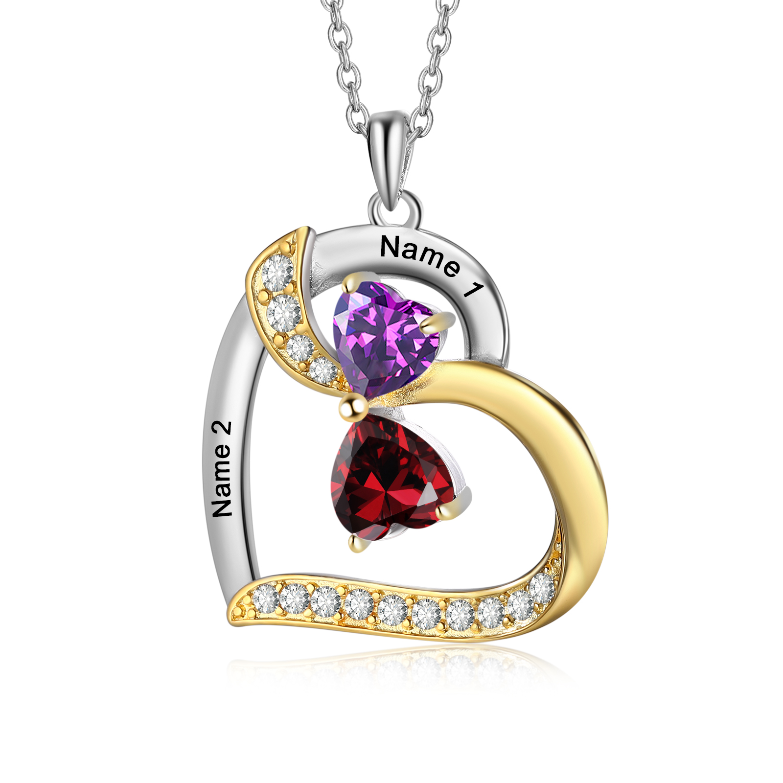 Personalised Heart Necklace with 2 Birthstones & 2 Names Heart Pendant Christmas Gift for Her | Jessemade