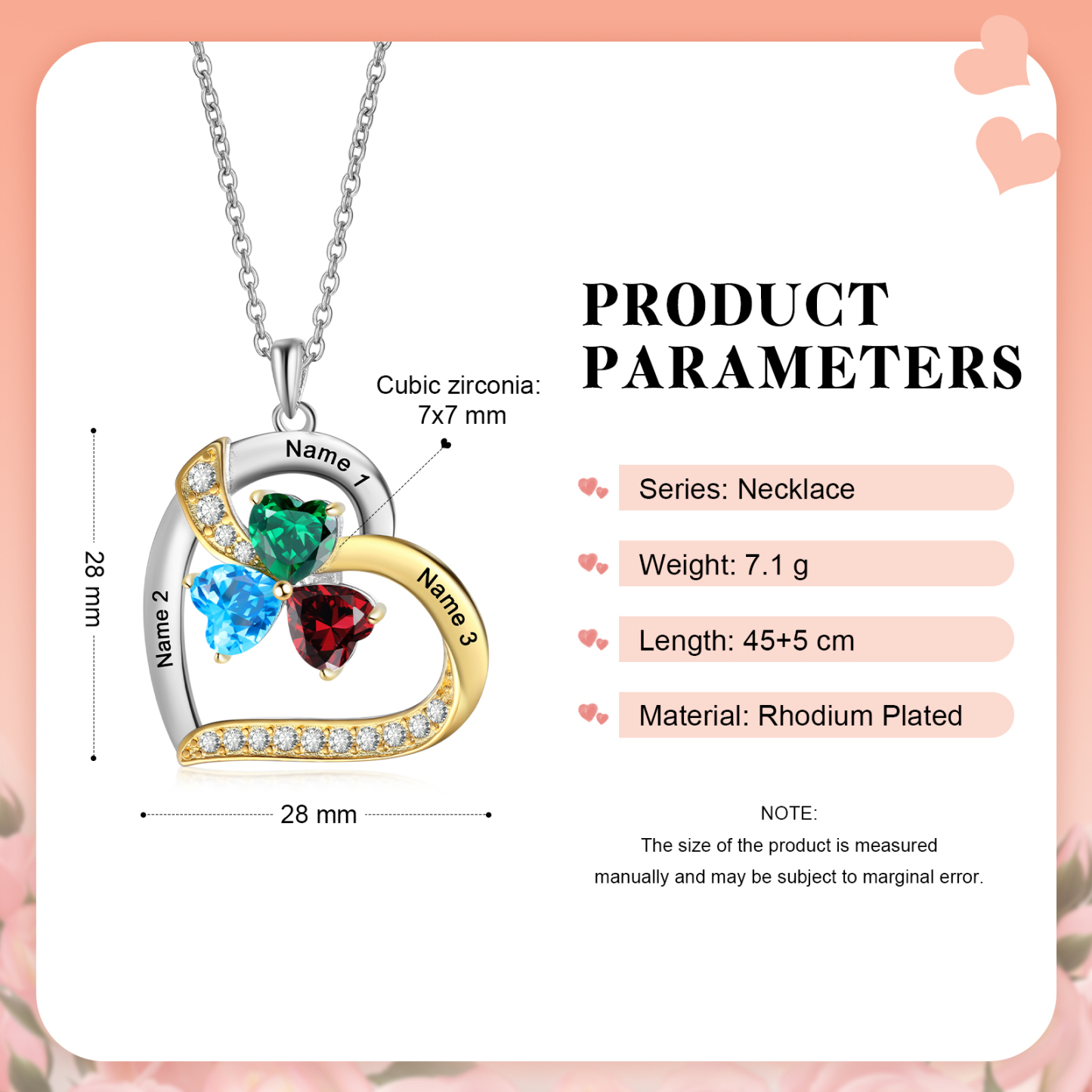 Personalised Heart Necklace with 3 Birthstones & 3 Names Heart Pendant Christmas Gift for Her | Jessemade