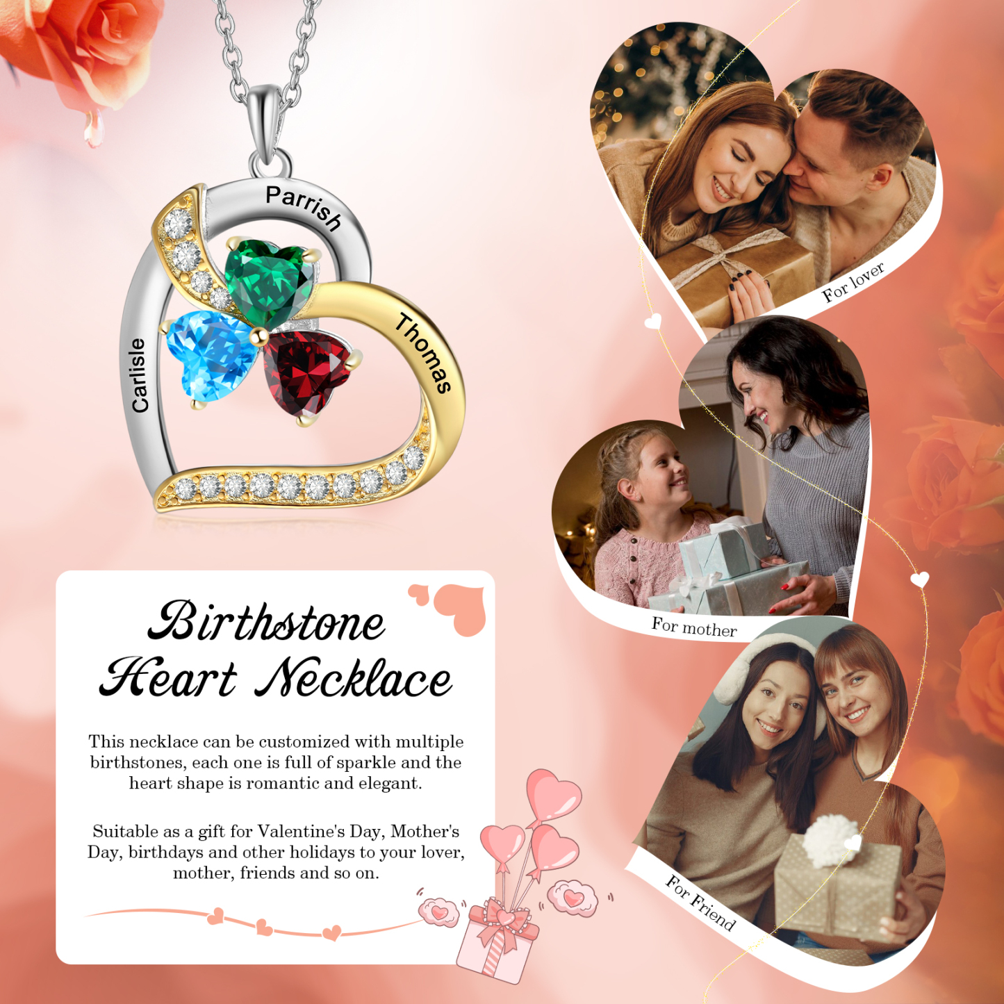 Personalised Heart Necklace with 3 Birthstones & 3 Names Heart Pendant Christmas Gift for Her | Jessemade