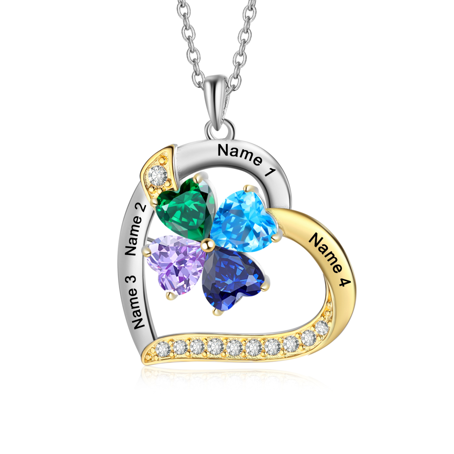 Personalised Heart Necklace with 4 Birthstones & 4 Names Heart Pendant Christmas Gift for Her | Jessemade