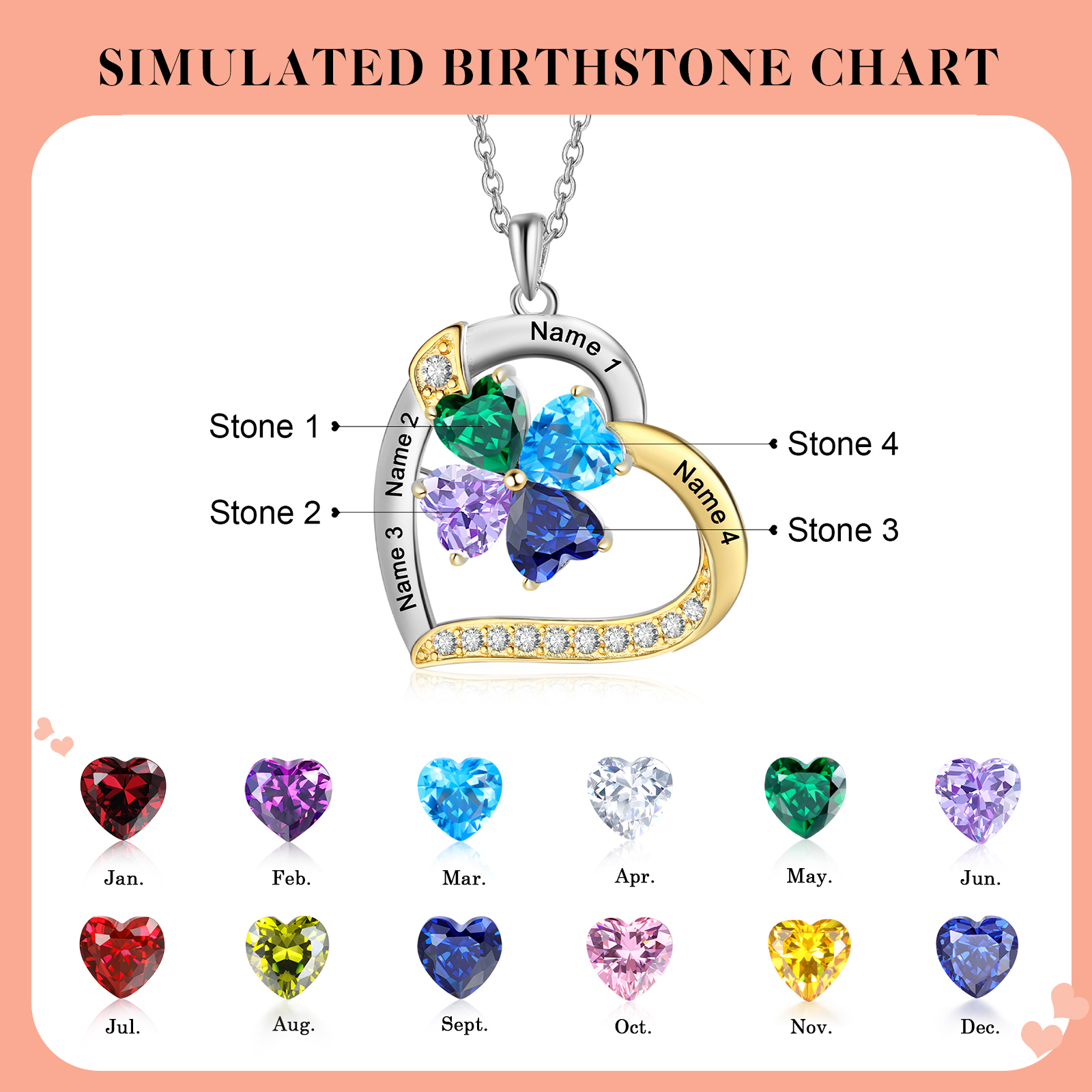 Personalised Heart Necklace with 4 Birthstones & 4 Names Heart Pendant Christmas Gift for Her | Jessemade